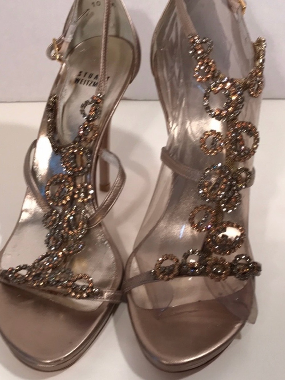 Stuart Weitzman Nude Gold Crystal T-Strap Stilettos